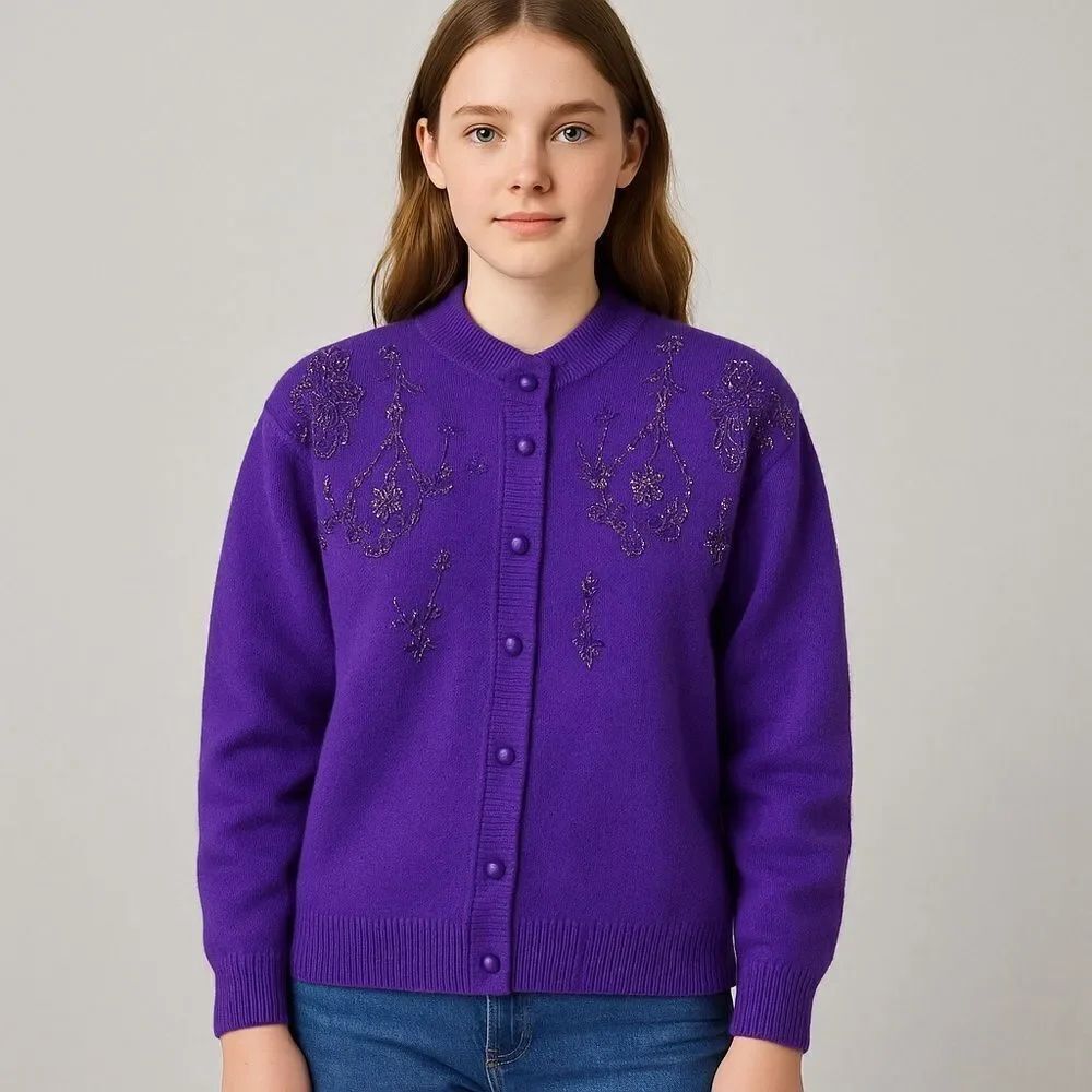 Lizette Italy Vintage Wool Blend Embellished Beaded Purple Cardigan Sweater